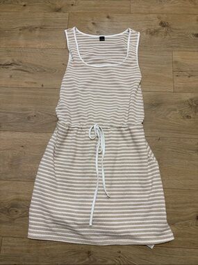 SHEIN Cream and White Striped Drawstring Tank Mini Dress
